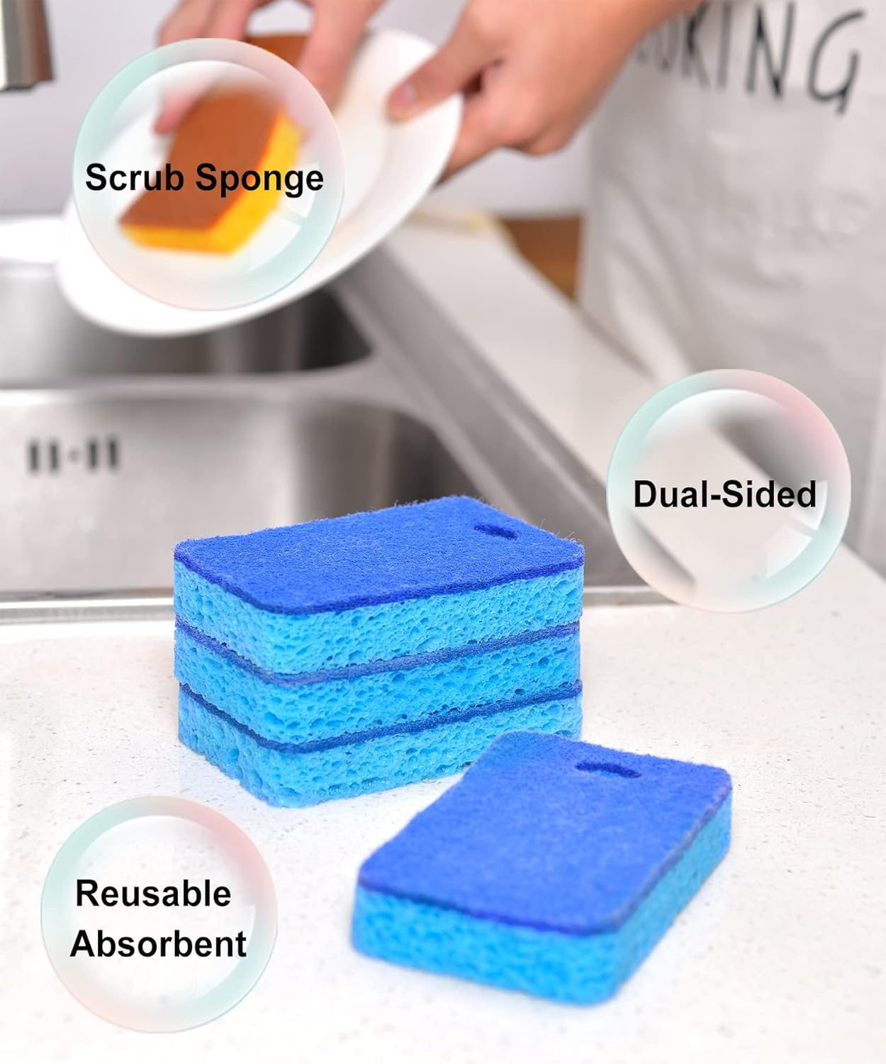 METUUTER 12-Count Scrub Sponges Kitchen Sponge Heavy Duty, Cellulose Sponges with Scouring Pads Dual-Sided for Kitchen and Household Use (Square-Blue)