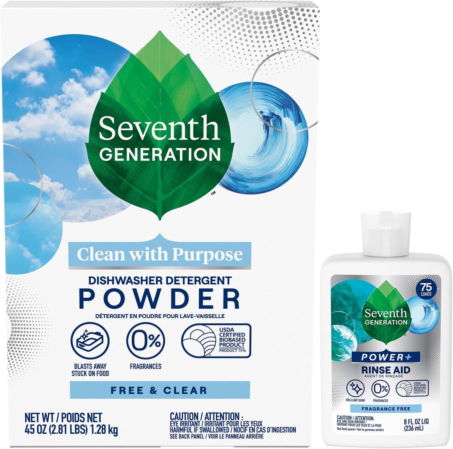 Seventh Generation Dishwasher Detergent Powder + Rinse Aid, Free and Clear, Biodegradable, Plant-Based & Fragrance-Free, Septic Safe