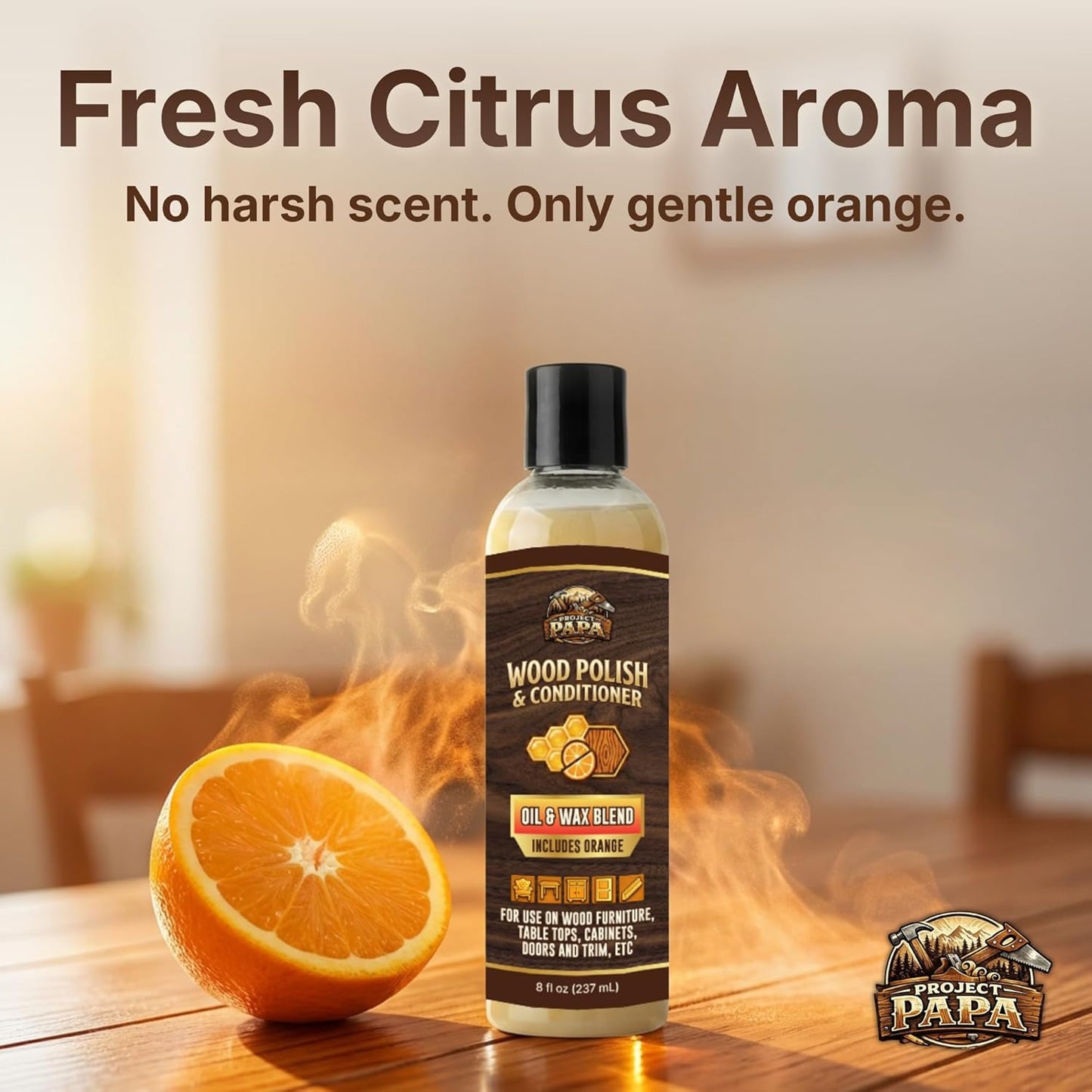 Natural Wood Polish & Conditioner with Orange Oil - Beeswax Furniture Polish and Cleaner, Oil & Wax Blend for Furniture, Cabinets, Tables, Doors & Trim, Enhances Color & Grain, Wood Care, 8 fl oz
