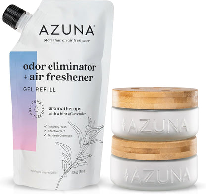 Azuna Air Freshener & Odor Eliminator for Strong Odor | 2 Room Kit Includes (2) 8 oz. Empty Luxe Glass Jars & 12 oz | Refill with Tea Tree Essential Oil Gel | Amalfi Breeze | Last 60-90 Days