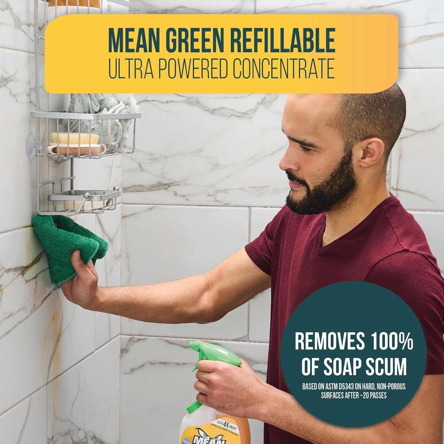 Mean Green Refillable Ultra Powered Bathroom Cleaner Concentrate, Tropical Breeze, 14.3 fl oz – Plant & Mineral Based, Removes 100% of Soap Scum, Refillable Bottle Makes 4X Refills