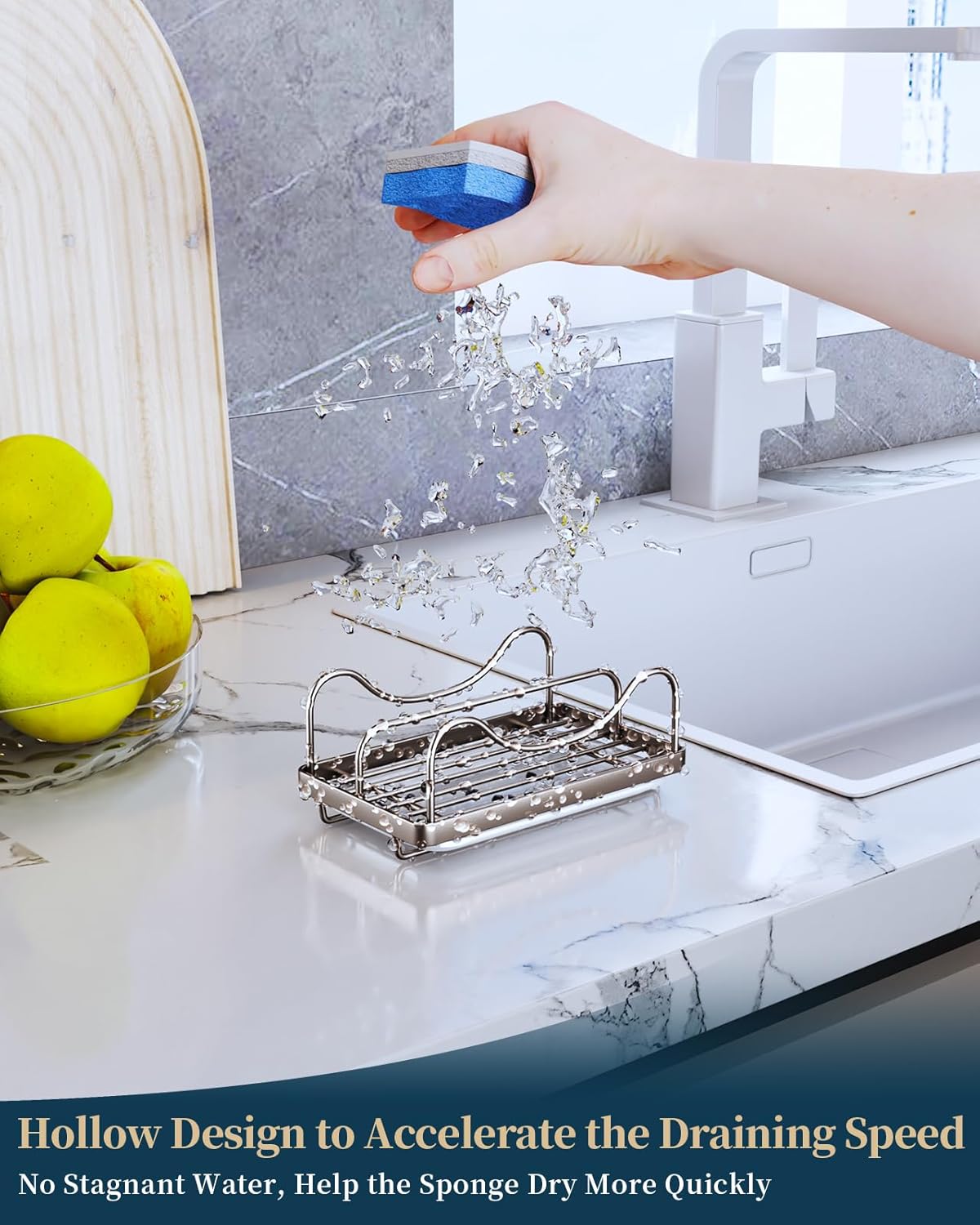 Consumest Sponge Holder for Kitchen Sink - Movable Sink Caddy for Countertop Organizer, 304 Stainless Steel Sponge Holder with Detachable Drip Tray for Kitchen Accessories-Silver