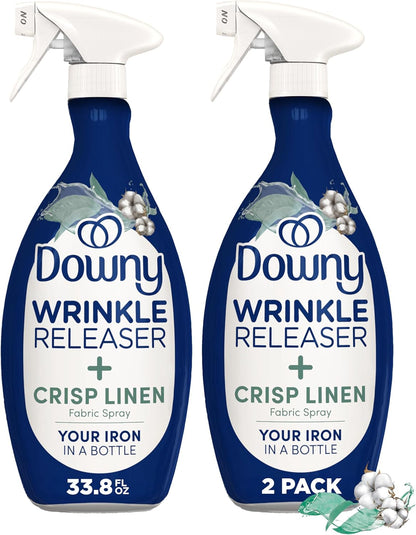 Downy Wrinkle Releaser Spray | All In One Wrinkle Release Spray, Odor Eliminator, Static Remover | Fabric Refresher & Ironing Aid for Clothes | 16.9 Fl Oz (Pack of 2) & 3 FL Oz, Crisp Linen Scent