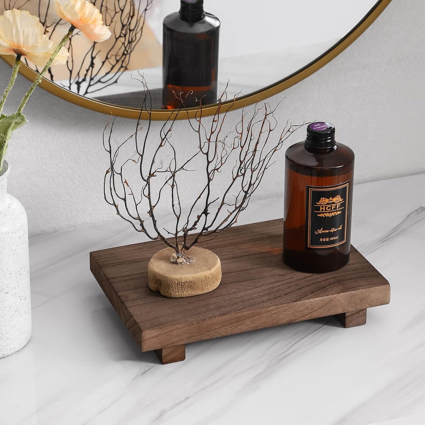 zoocatia Small Wood Tray Pedestal Stand Farmhouse Bathroom Decor Decorative Wooden Riser Kitchen Soap Dish Holder for Vanity, Counter, Sink, 9" x 5.9" - Black