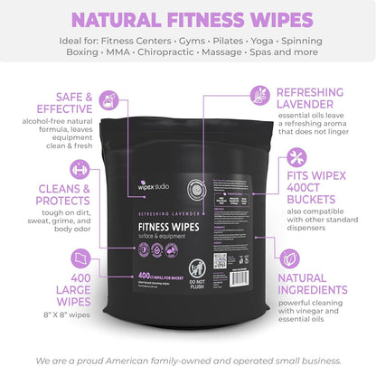 Wipex Gym Wipes Bucket Refill – EWG Verified, 400 Ct Plant-based Fitness Equipment Wipes, Lavender and Vinegar to Clean Surfaces, Safe Yoga Mat Cleaner, Gym Cleaner and Peloton
