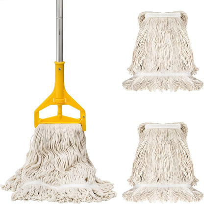 Yesland Commercial Mop with 2 Mop Heads, Industrial Cotton Mops with 61inch Long Handle, Heavy Duty Looped-End String Wet Mops for Cleaning Office Garage Hardwood Warehouse Factory Mall Deck