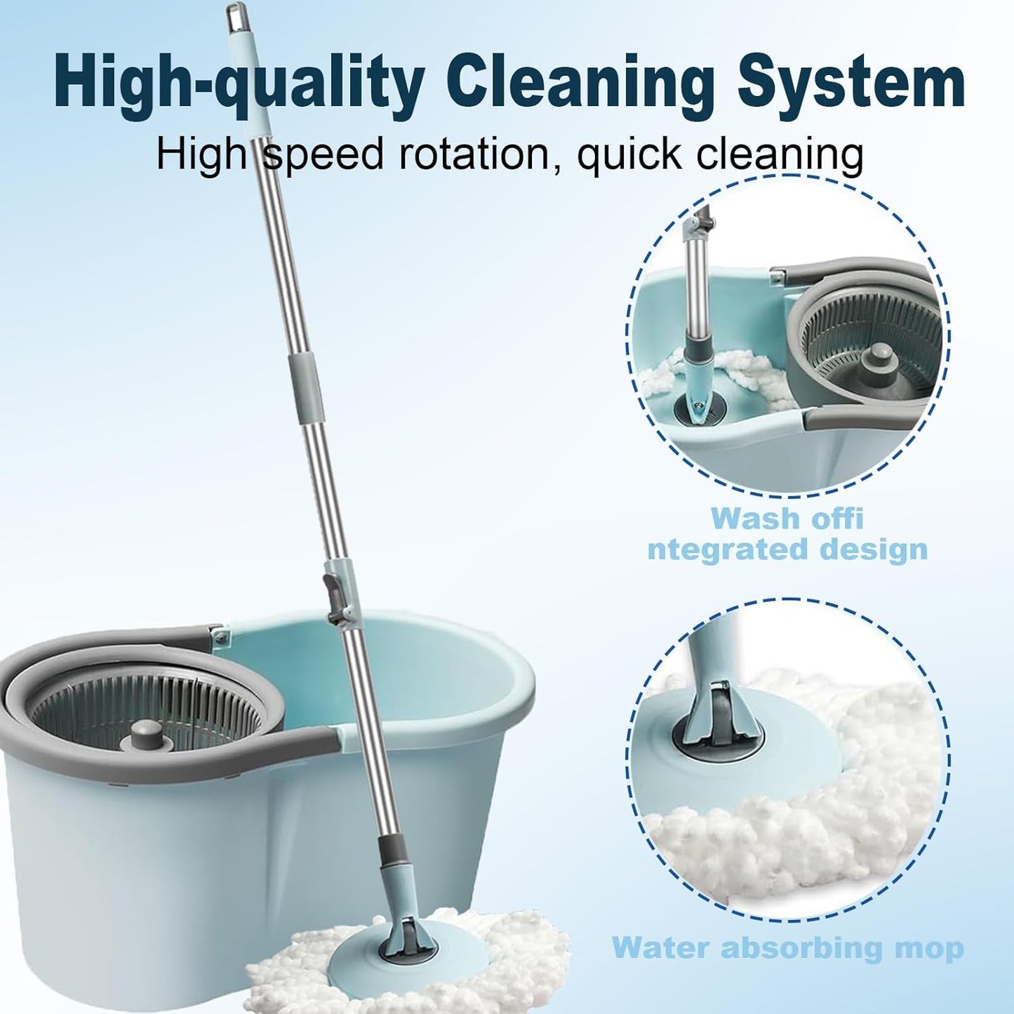 Spin Mop and Bucket with Wringer Set,for Floor Cleaning,with Floor Scrub Brush,61" Adjustable Handle and 6 Microfiber Mop Head(White)