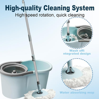 Spin Mop and Bucket with Wringer Set,for Floor Cleaning,with Floor Scrub Brush,61" Adjustable Handle and 6 Microfiber Mop Head(White)
