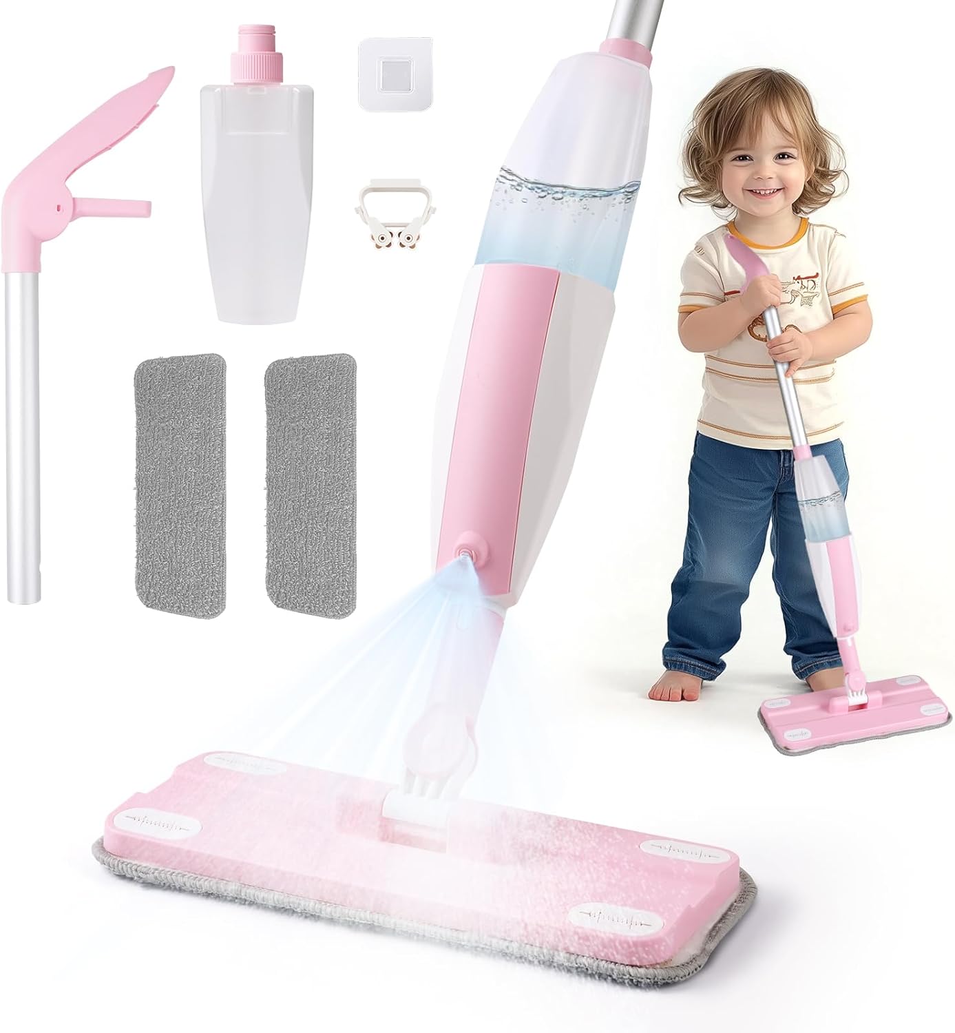 Hilsoeet Kids Spray Mop Pink, Real Working Water-Spraying Toy, Montessori Mini Mop with 2 Microfiber Washable Pads, Toddler Cleaning Set for Floor, Christmas Birthday Gifts for Age 3 4 5 6 7 8