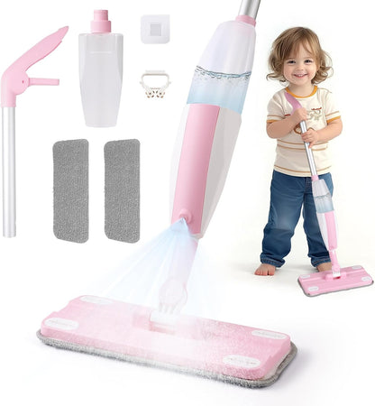Hilsoeet Kids Spray Mop Pink, Real Working Water-Spraying Toy, Montessori Mini Mop with 2 Microfiber Washable Pads, Toddler Cleaning Set for Floor, Christmas Birthday Gifts for Age 3 4 5 6 7 8