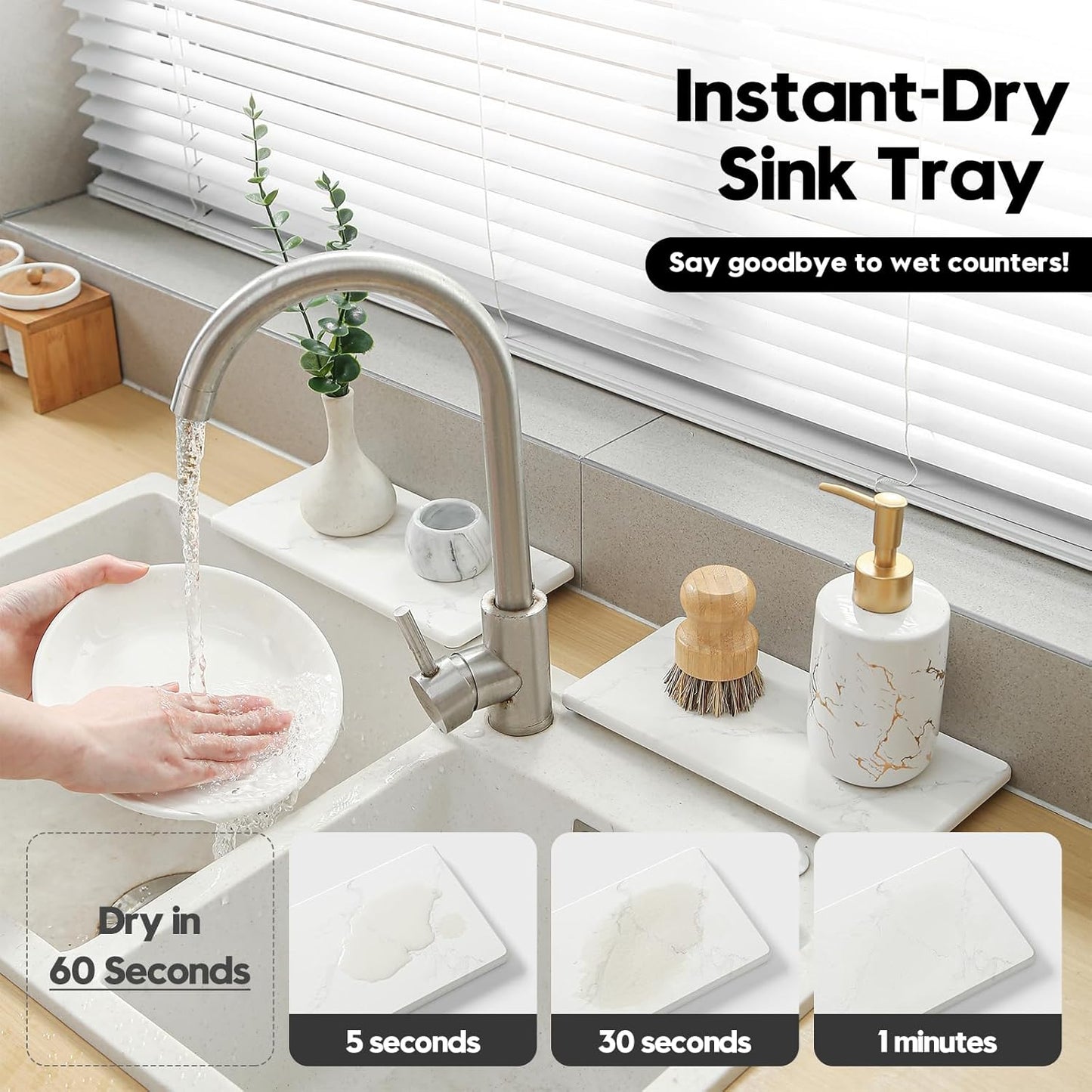 2PCS Water Absorbing Stone Drying Tray for Kitchen Counter & Bathroom Sink, Diatomite Faucet Splash Guard, Soap Dispenser Rack & Sponge Holder Caddy Organizer, Marble White (Printed Pattern), 9"x 3.5"