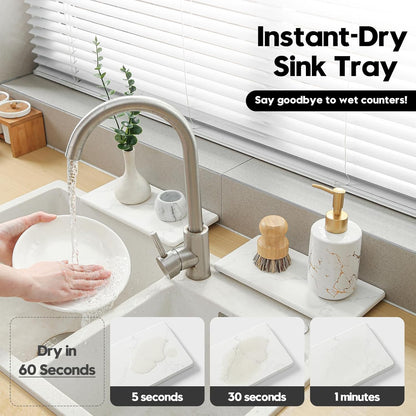 2PCS Water Absorbing Stone Drying Tray for Kitchen Counter & Bathroom Sink, Diatomite Faucet Splash Guard, Soap Dispenser Rack & Sponge Holder Caddy Organizer, Marble White (Printed Pattern), 9"x 3.5"