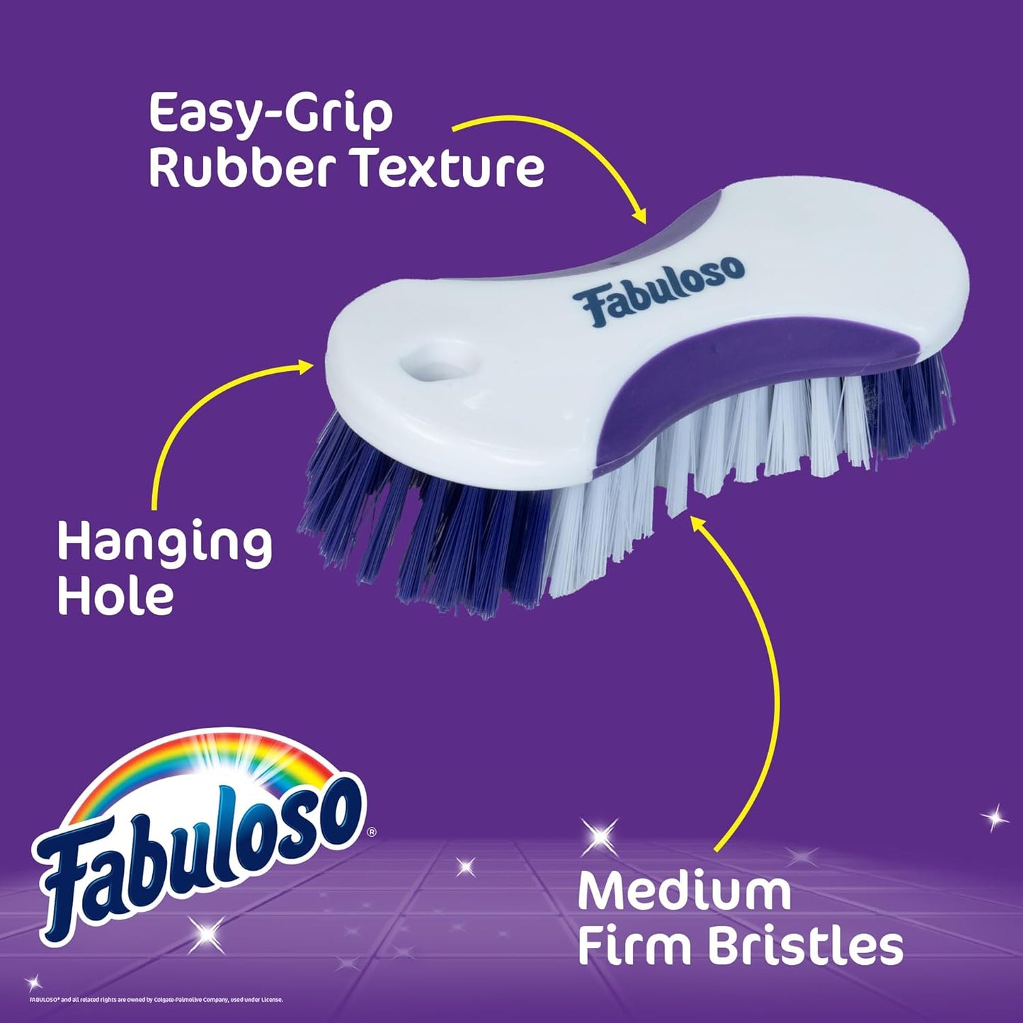 Fabuloso Cleaning Brush with Handle, Compact Handheld Household Scrub Brush for Kitchen, Bathroom, Baseboards, Tile and Floors, Firm Bristles for Indoor Surface Cleaning, White and Purple, 5.5 Inch