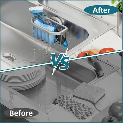 TAILI 4-in-1 Sink Caddy with Strong Suction Cup, Sponge Holder for Kitchen Sink Organizer, Removable, Rustproof, Stainless Steel Holder for Sponge, Brush, Scrubber, Scraper - Silver