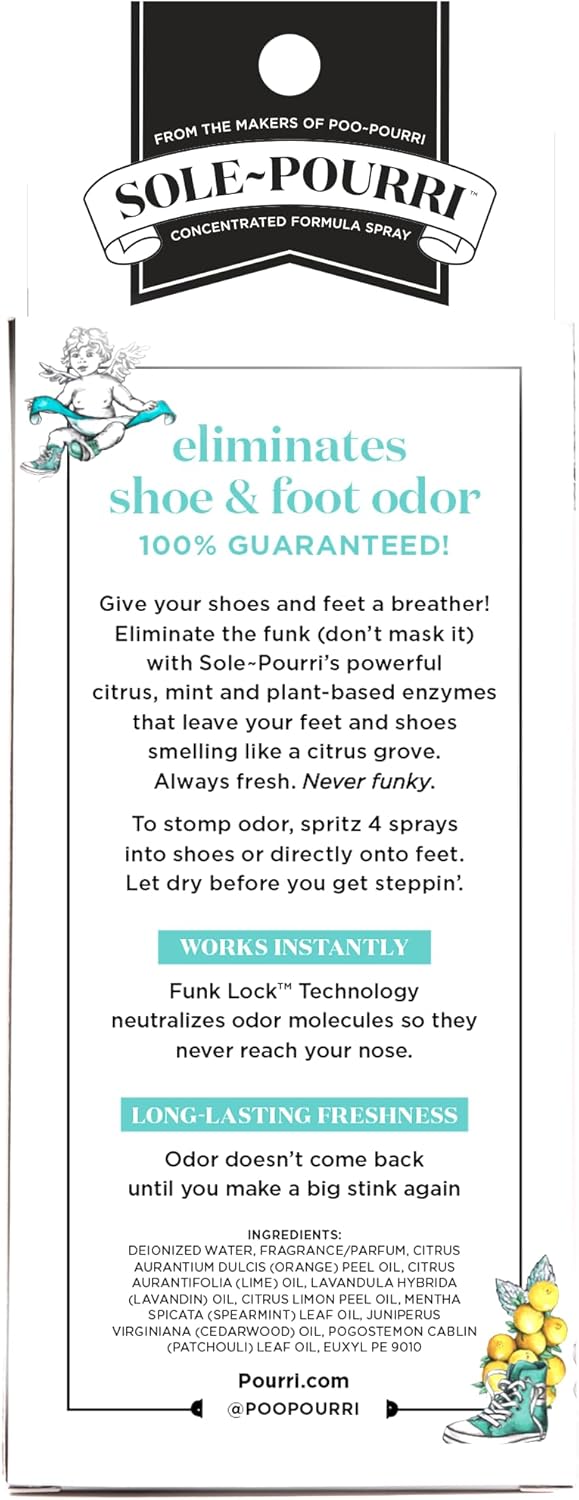 Sole-Pourri Shoe Deodorizer + Foot Spray, 3.4 Fl Oz, Up to 150 Uses, Funk-Fighting Odor Freshener with Essential Oils, for Smelly Shoes, Feet & Gym Bags, Citrus & Mint Scent
