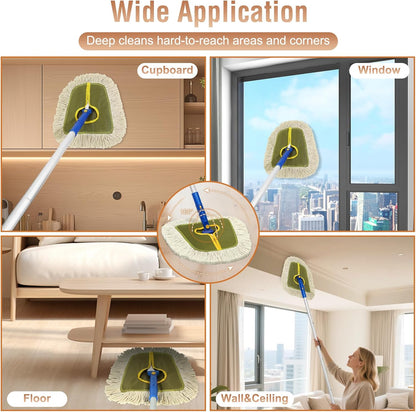 Commercial Dust Mop for Hardwood Floors Cleaning,Industrial Dry Mop Broom with 2 Replacement Wedge Cotton Mop Pads for Walls,Hardwood,Laminate, Vinyl,Tile,Home,Warehouse Floor Duster,Green