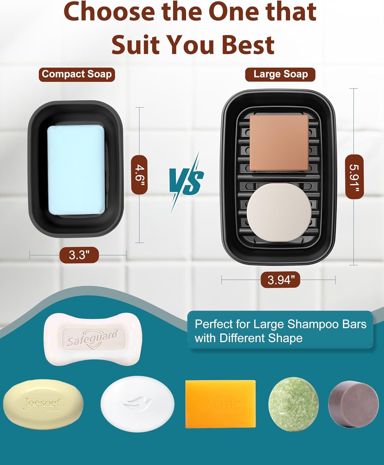 Quatish Leakproof Soap Dish with Lid & Draining Layer, Shatterproof Travel Bar Soap Holder Case Container, Portable Travel Size Toiletries Essentials for Camping, Gym, Bathroom, Black