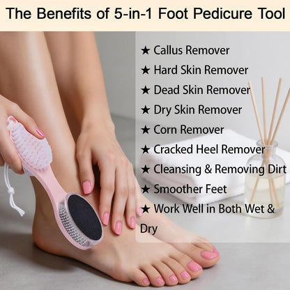 Foot File Callus Remover 5-in-1, 2 Pcs Feet Scraper Pedicure Tools with Pumice Stone, Scrubber Brush, Stainless Steel Foot Rasp and Sand Paper Debris Catcher, Multi Purpose, Cyan