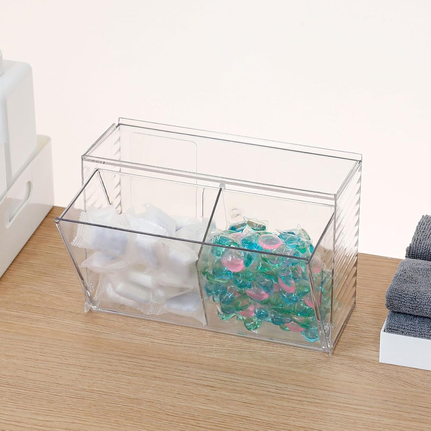Clear Dishwasher Detergent Dispenser Holder, Large Adhesive Under Sink Door Storage and Organizer for Kitchen and Bathroom, Plastic Laundry Pods Box