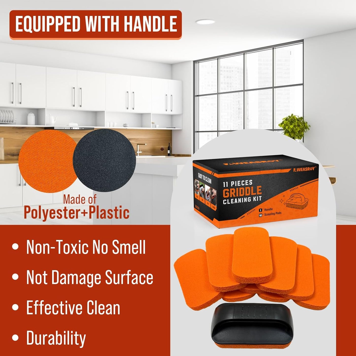 6-Piece Griddle Cleaning Kit for Blackstone, Flat Top Grill Cleaning Kit Non-Scratch Scouring Pads for Kitchen - 5 Scrubber Pads and 1 Handle