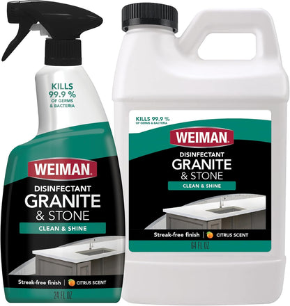 Weiman Disinfecting Granite Cleaner & Polish Value Pack - (1) 24 oz Spray Bottle, (1) 64 oz Refill