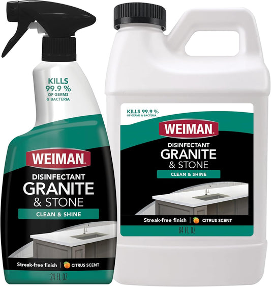 Weiman Disinfecting Granite Cleaner & Polish Value Pack - (1) 24 oz Spray Bottle, (1) 64 oz Refill