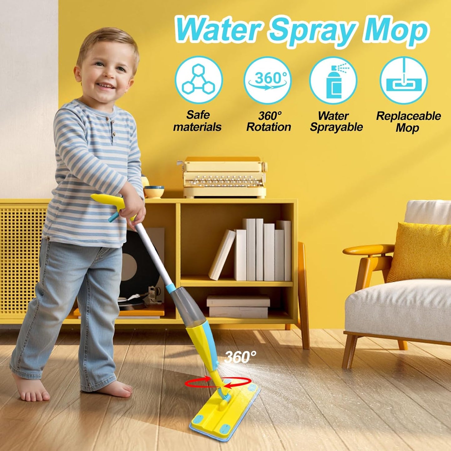 Spray Mop Kids Montessori Love Toy Set with Real Water Sprayer 3PCS Washable pads Squeeze Working Mini Size Kids Spray Mops Cleaning Toy Set That Really Work for Toddler 3-8 Floor Cleaning Dust