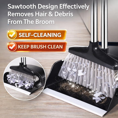 Broom and Dustpan Set with Long Handle, Upright Standing Self-Cleaning Combo, Windproof Dustpan with 6 Bonus Cleaning Tools for Pet Hair, Home, Kitchen, Garage & Apartment