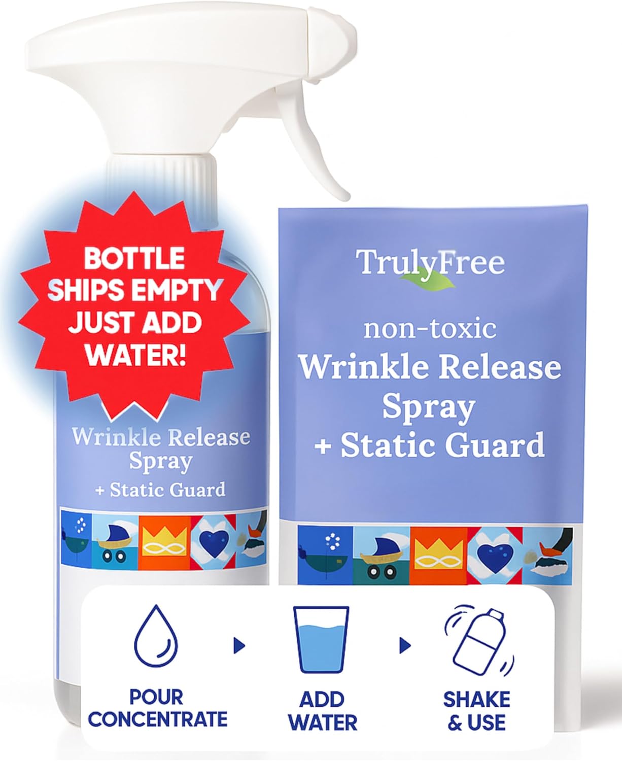 Truly Free Wrinkle & Static Releaser - Wrinkle Release for Clothes, Linen, & Sheet Fabrics - Static Guard Spray - Plant-Based - 12 oz Reusable Empty Spray Bottle + One (3 oz) Fill Pack