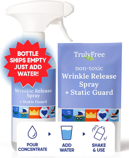 Truly Free Wrinkle & Static Releaser - Wrinkle Release for Clothes, Linen, & Sheet Fabrics - Static Guard Spray - Plant-Based - 12 oz Reusable Empty Spray Bottle + One (3 oz) Fill Pack