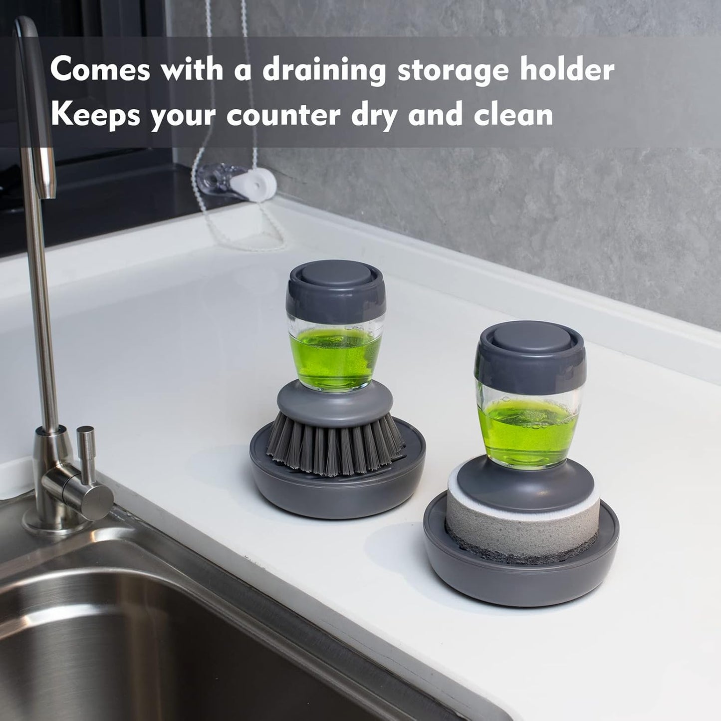 DAPOWER Dish Brush with Soap Dispenser, Kitchen Scrub Brush for Dishes Pots Pans Sink Cleaning, Dish Scrubber with Holder Set (Grey 2-Pack Combo Set)
