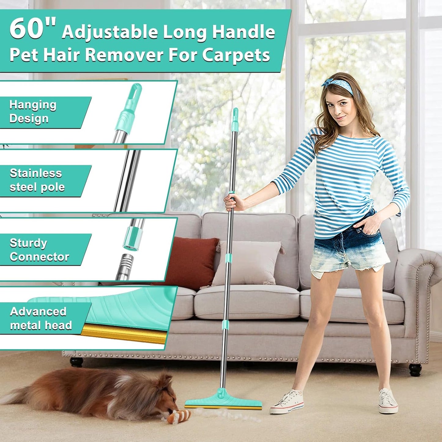 5FT Carpet Rake Pet Hair Remover, Reusable Carpet Rake with Telescopic Handle for Pet Hair Removal Tool Dog Cat Fur Remover Broom for Rugs, Mats, Beds, Stairs (Blue)