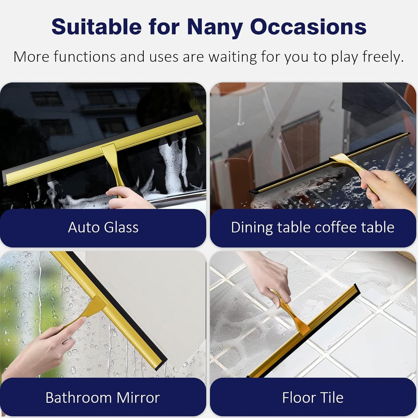 TOOVEM 14 Inch Shower Squeegee for Glass Doors, Window, Bathroom, Car Windshield, Shower Cleaning Tools with S Hook, Square Sticky Hook (Silver)
