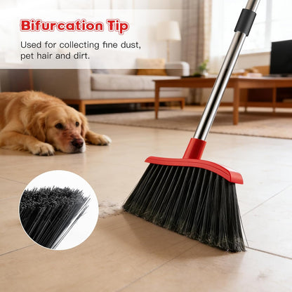 Broom and Step-on Dustpan Set, 59-in Adjustable Long Handle Broom with Dustpan Combo Set Outdoor Angle Broom for Sweeping Indoor Dust Pet Hair for Cleaning Kitchen Garage Deck Patio, Black&Red