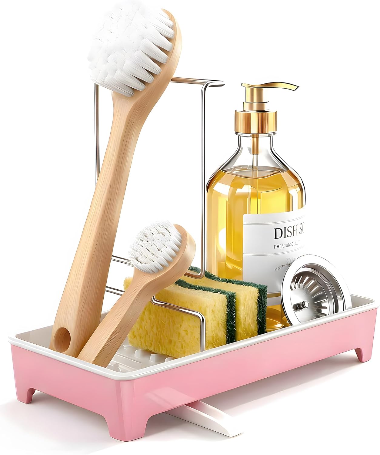 Minimalist Sink Caddy, Rustproof Sponge Holder for Kitchen Sink with 304 Stainless-Steel Brush Holder, Countertop Rack Organizer with Raised Ridges & Silicone Drain Tube (Mint Green, Large)