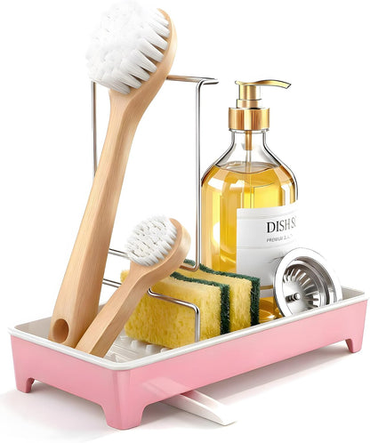 Minimalist Sink Caddy, Rustproof Sponge Holder for Kitchen Sink with 304 Stainless-Steel Brush Holder, Countertop Rack Organizer with Raised Ridges & Silicone Drain Tube (Mint Green, Large)