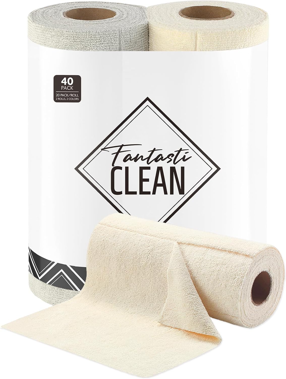Fantasticlean Kitchen Towels - 40 Sheets - Reusable Washable Dishcloth Rolls, Super Absorbent, Premium Microfiber Cleaning Cloths, 10'' by 10'' (Beige, MossGreen)