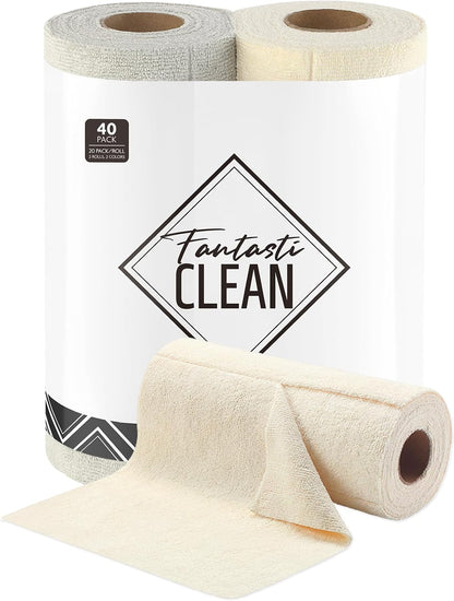 Fantasticlean Kitchen Towels - 40 Sheets - Reusable Washable Dishcloth Rolls, Super Absorbent, Premium Microfiber Cleaning Cloths, 10'' by 10'' (Beige, MossGreen)