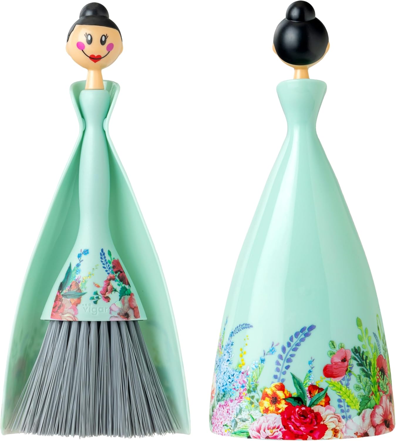 Vigar Mini Broom and Dustpan Set - Small Broom and Dustpan, Hand Broom for Desk, Kitchen, Car, Crumb Brush for Dust & Pet Hair, Decorative Doll Design, Portable Dust Pan Brush for Indoor - Turquoise