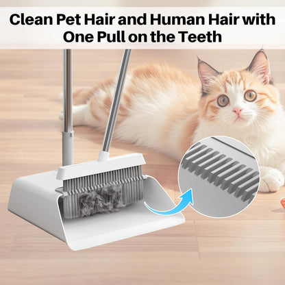 JOYMOOP White Broom and Dustpan Set, Upright Angle Design with Built-in Comb Teeth for Kitchen, Office, Pet Hair, Hard Floors