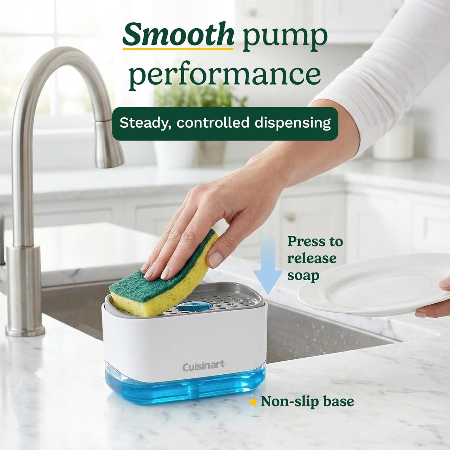 Cuisinart 2-in-1 Dish Soap Dispenser with Sponge Holder and Sponge for Kitchen Sink – Soap Pump Organizer Set with Tray, Countertop Caddy for Dishes, Dishwashing Liquid Dispenser, Sink Essentials