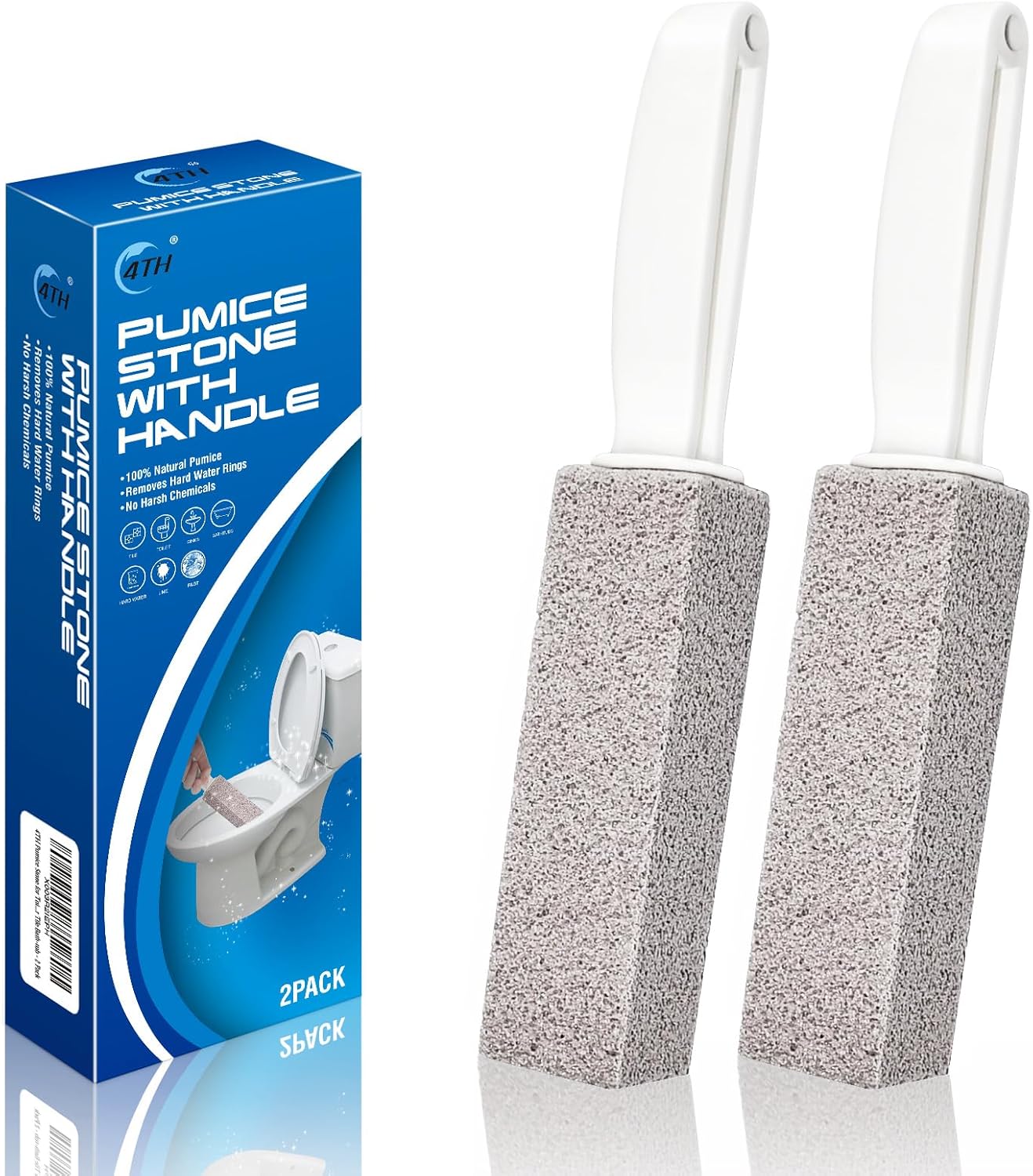 4TH Pumice Stone for Toilet Bowl Cleaning,Pumice Stick with Handle,Cleans Away Limescale Stain,Hard Water Rings, Calcium Buildup,Iron and Rust. Remover for Tile/Bath/Kitchen/Household - 2 Piece