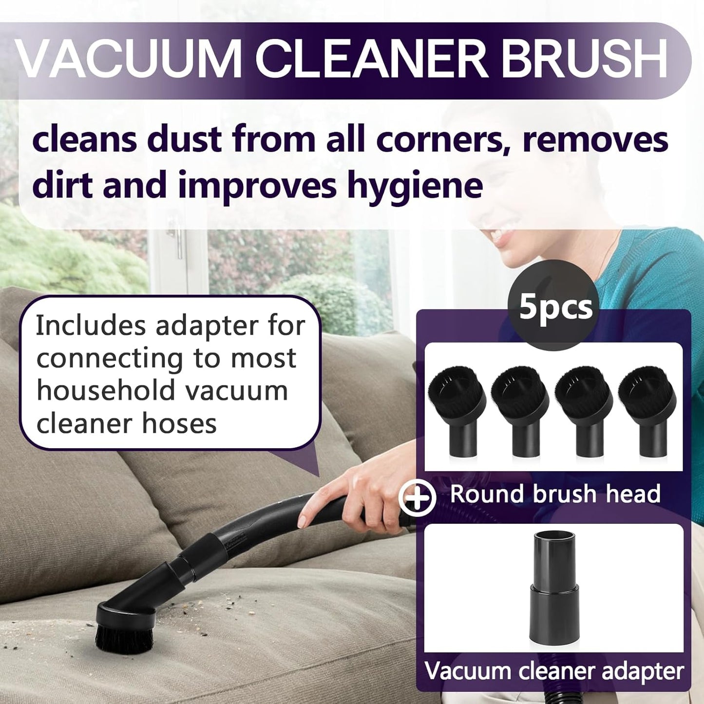 3PCS Horse Hair Brush Vacuum Attachment Set - Black Round Horse Hair Vacuum Attachments & Brushes - Shop Vac Brush Attachment for Most Vacuum Cleaners Accessories - 1 1/4" Vacuum Attachments Included