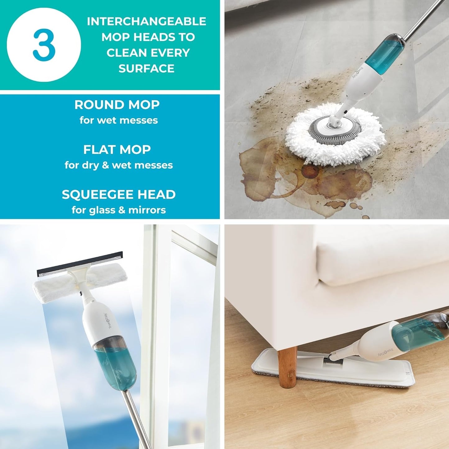 True & Tidy® Clean Everywhere Spray Mop Kit with 3 Interchangeable Heads & Refillable Tank - Flat, Round, Squeegee (Pink)