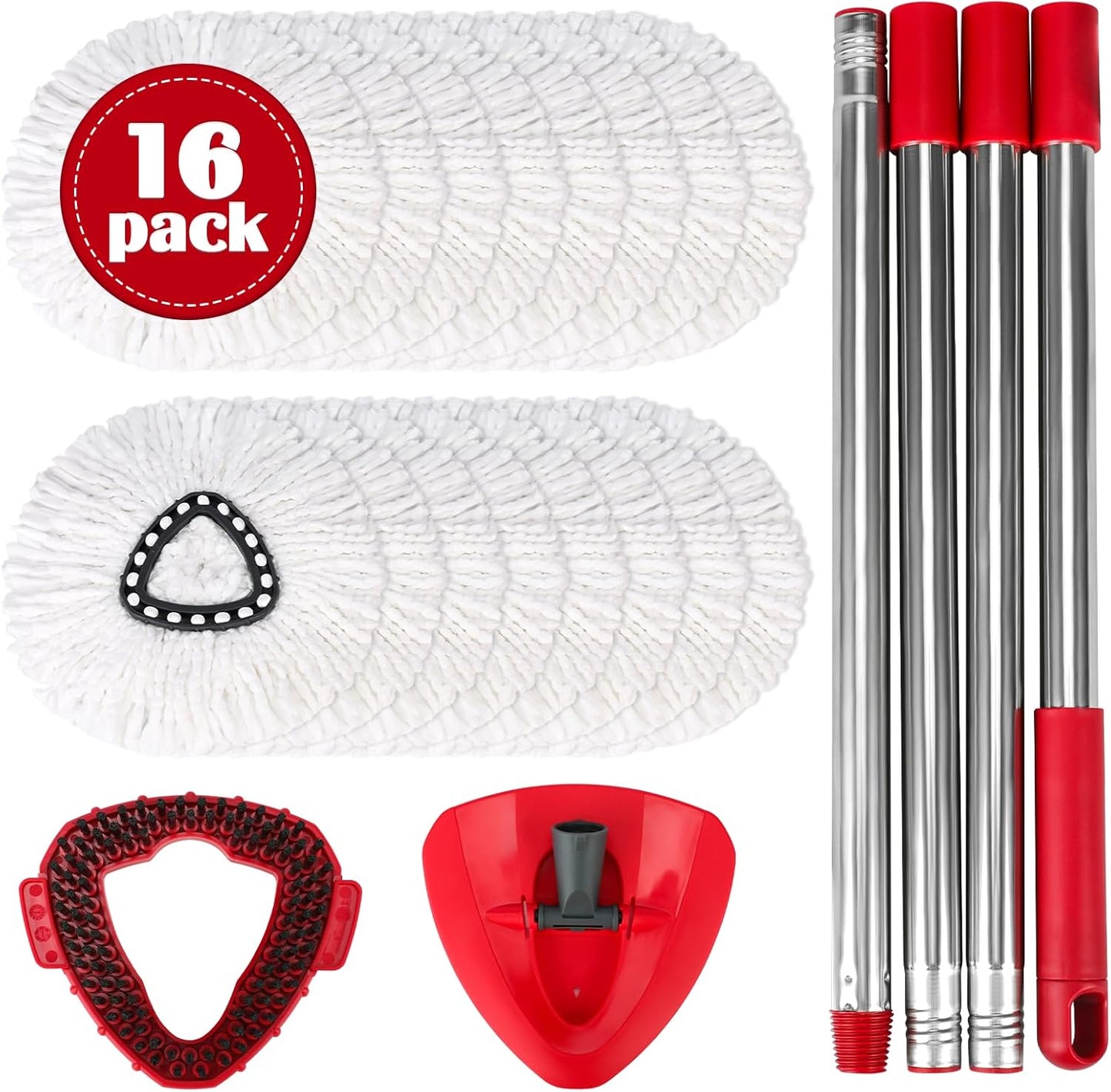 Spin Mop Replacement Set for O-Ceda RinseClean 2-Tank System, 16 Microfiber Spin Mops Refills,1 Scrubber Head,1 Triangle Spin Base,and(31-63in) Adjustable Handle Set Combo