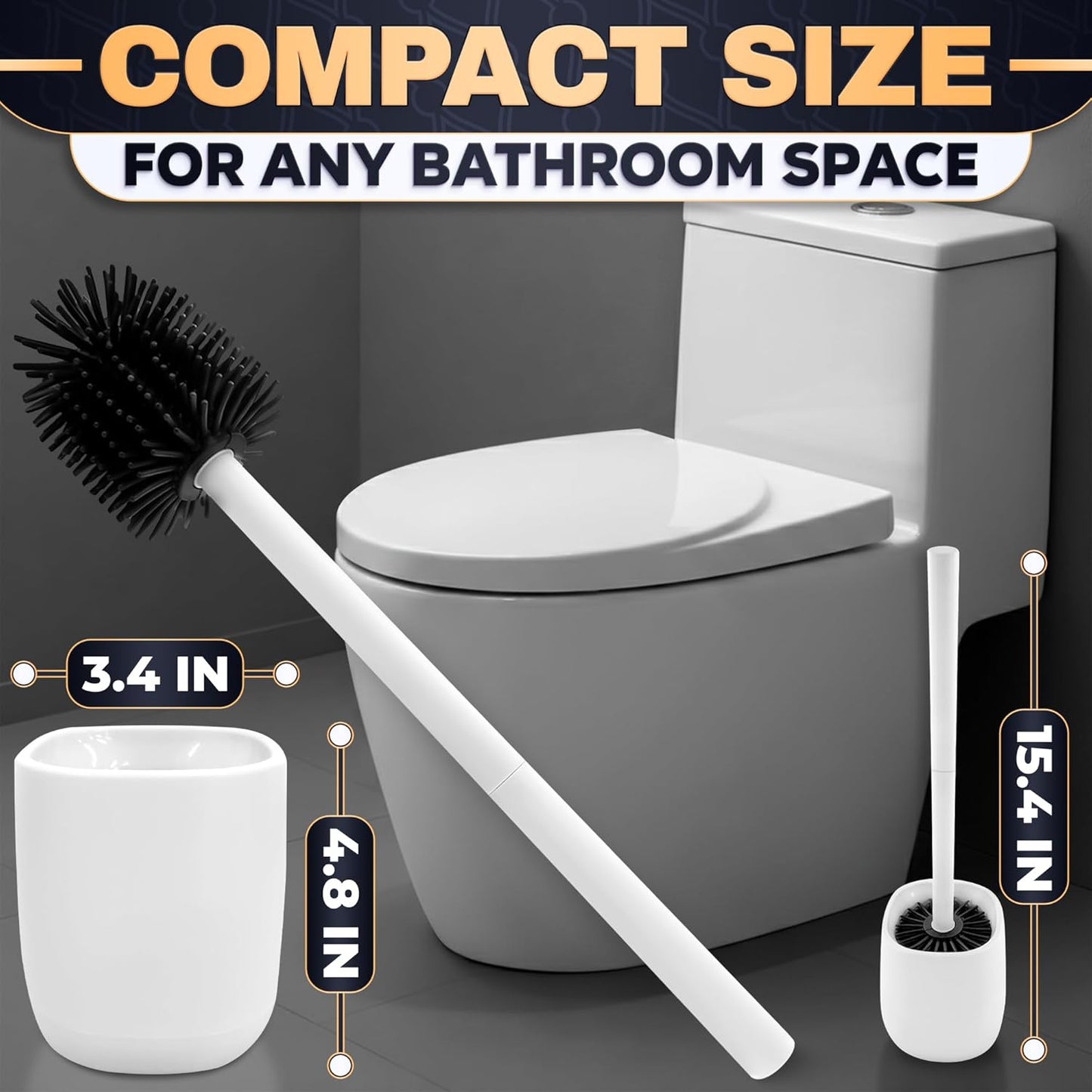 Toilet Brush and Holder Set - Silicone Toilet Brush Cleaner with Dark Grey Holder Base, Compact Accessory for Small Spaces - Easy to Place & Simple to Store After Use, Plastic Bathroom Cleaning Tool