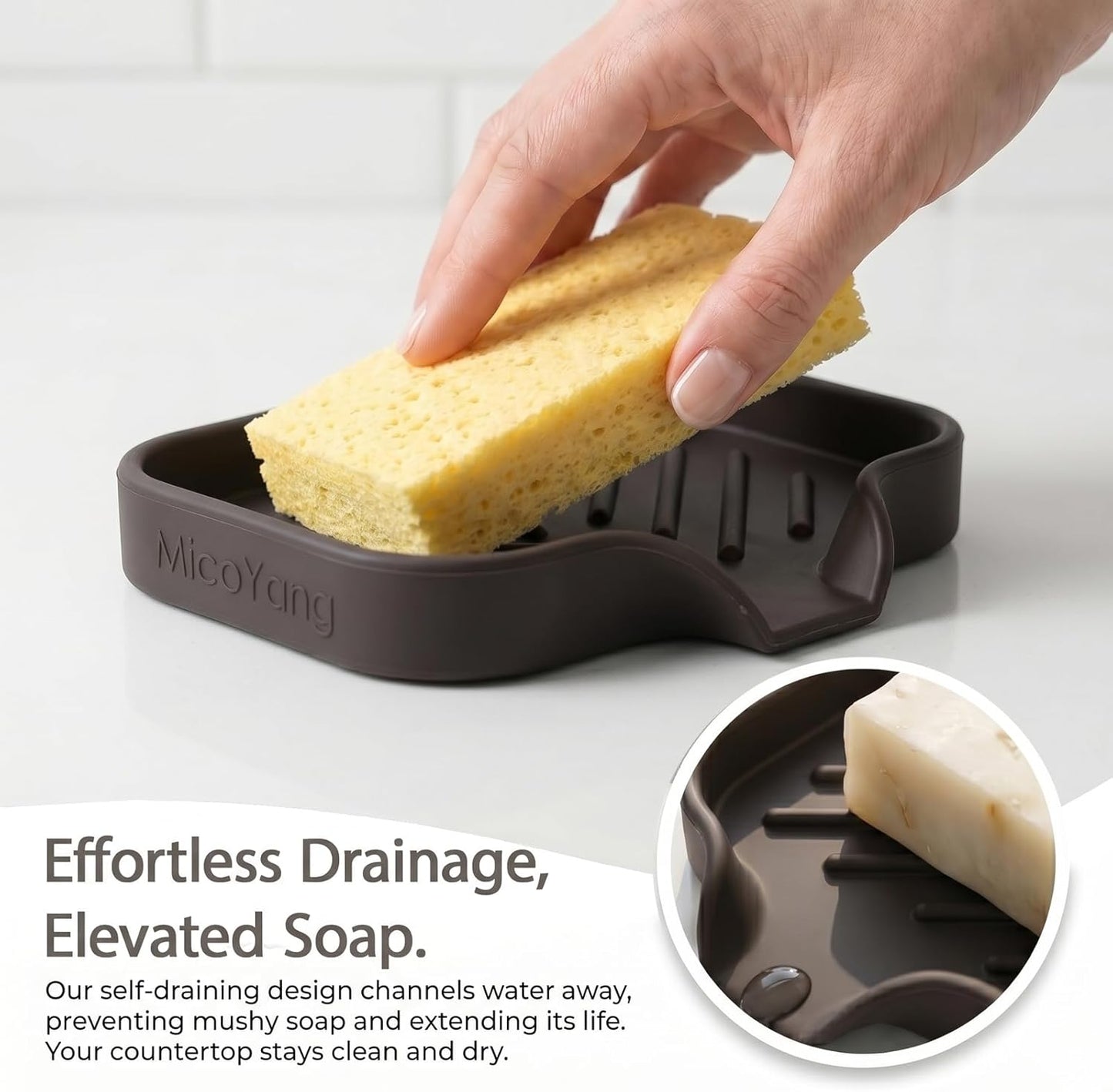 MicoYang Silicone Bathroom Soap Dishes with Drain Spout-Bathroom and Kitchen Sink Organizer,Sponge Holder,Dish Soap Tray,Perfect for Dispenser,Scrubber,Bottle,Cup on Sink or Counter-Black 4.9"×3.2"