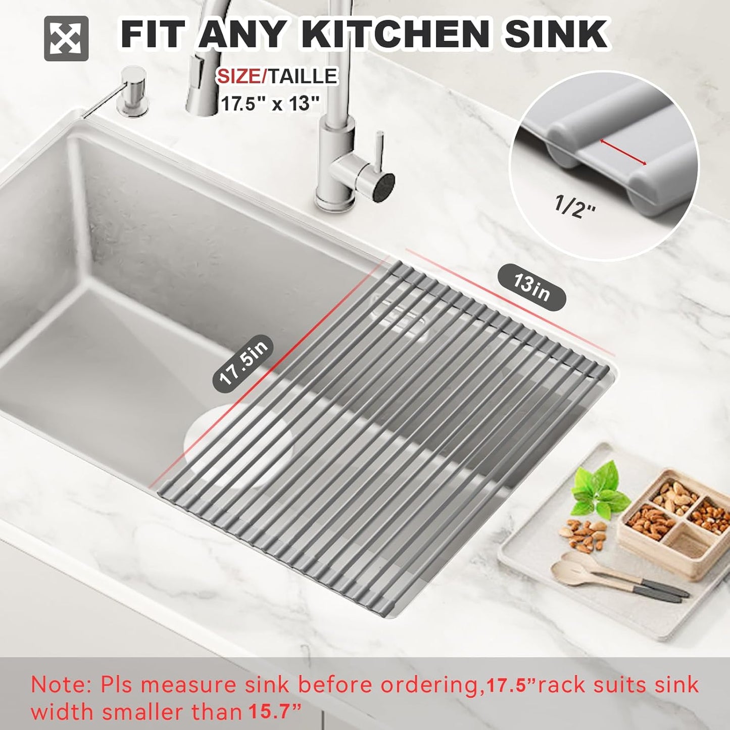 MERRYBOX Triangle Roll Up Dish Drying Rack Over The Sink, 2025 Anti-Rust Sink Drying Rack with Full Silicone Wrapped for Top of Corner, Anti-Slip Organizer for Kitchen