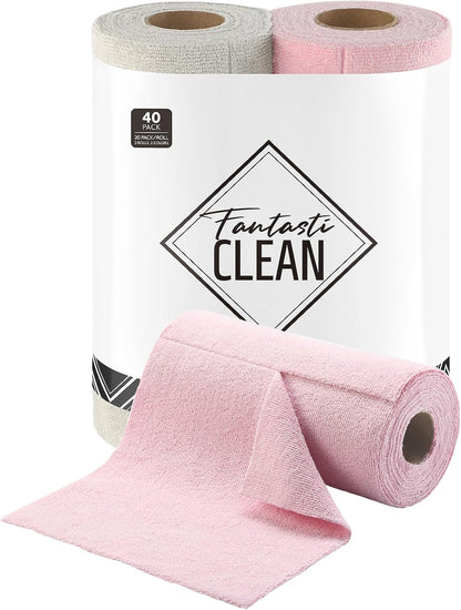 Fantasticlean Kitchen Towels - 40 Sheets - Reusable Washable Dishcloth Rolls, Super Absorbent, Premium Microfiber Cleaning Cloths, 10'' by 10'' (Beige, MossGreen)
