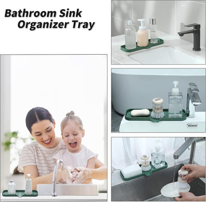 MicoYang Silicone Bathroom Soap Dishes with Drain Spout-Bathroom and Kitchen Sink Organizer,Sponge Holder,Dish Soap Tray,Perfect for Dispenser,Scrubber,Bottle,Cup on Sink or Counter-Black 4.9"×3.2"